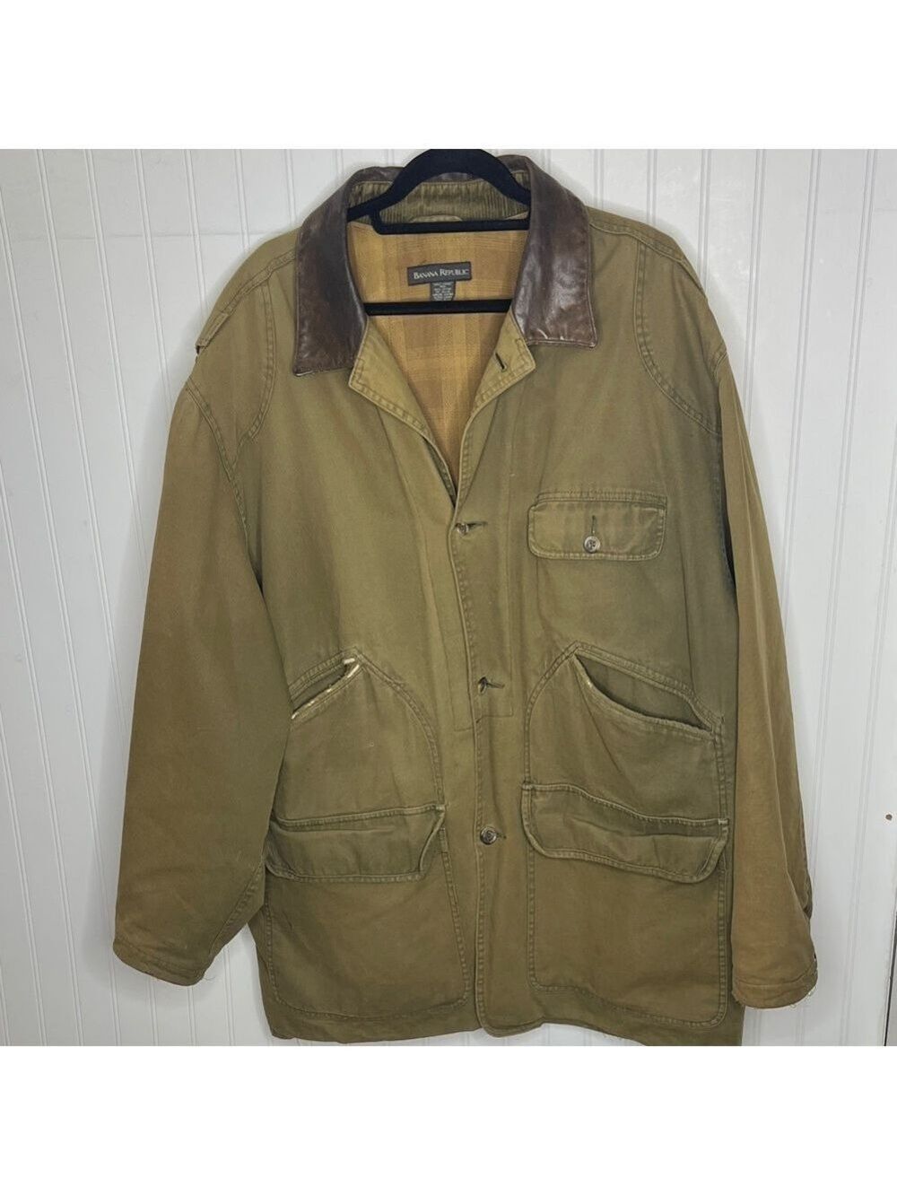 Banana Republic Khaki Chore Coat with Brown Leather Collar Size Extra Large